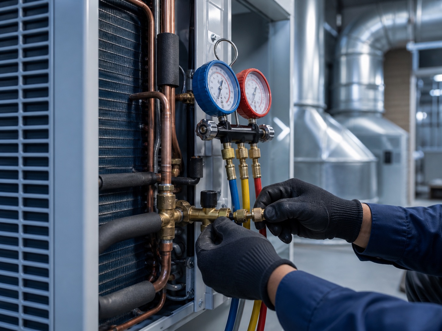 Air conditioning service with gauges and refrigerant lines