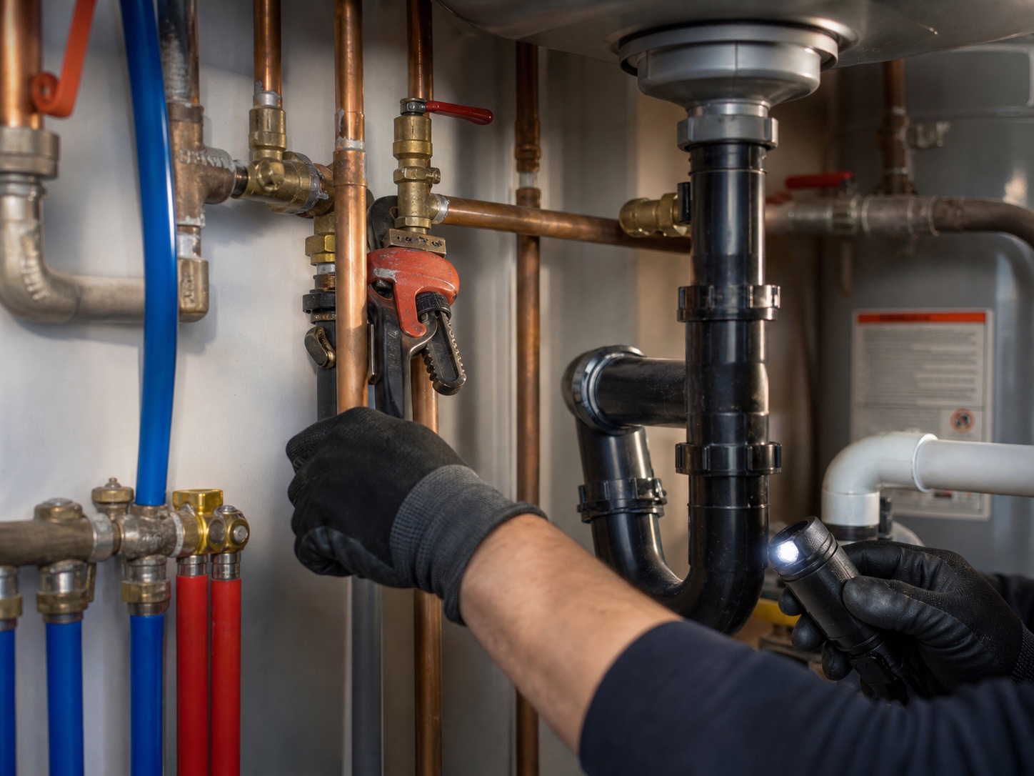 Close-up plumbing service with copper lines and tools